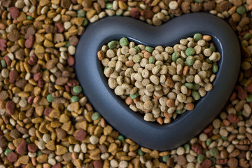 Obraz premium Dry pet food with big heart bowl and place for your text.