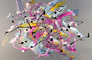 Abstract background with squiggles, spots and scuffs painted with nail polish on grey paper.