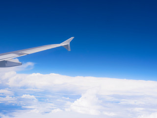 air craft wing above the white cloud sky space