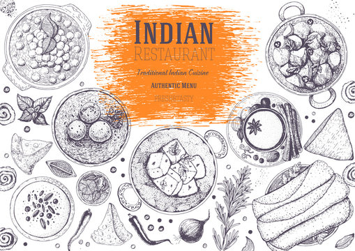 Indian cuisine top view frame. Indian food menu design. Vintage hand drawn sketch vector illustration.