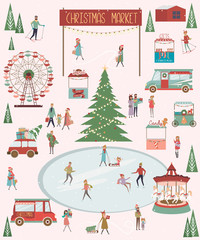 Cute Merry Christmas greeting card with winter landscape, Christmas market and active people. Editable vector illustration