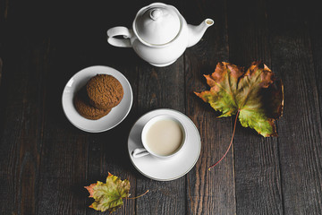 Tea set, breakfast or coffee break. Autumn