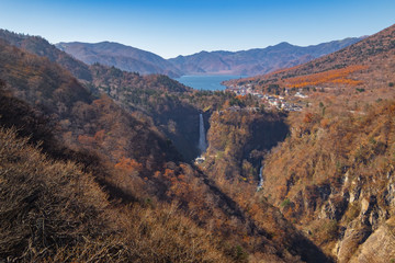 Kegon waterfall and Lake Chuzenji Nikko, Japan in Autumn fall  from observation deck Akechidaira ropeway.