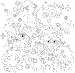 Coloring book for adult and older children. Coloring page with cute owl and floral frame. Outline drawing in zentangle style