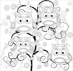 Coloring book for adult and older children. Coloring page with cute owl and floral frame. Outline drawing in zentangle style