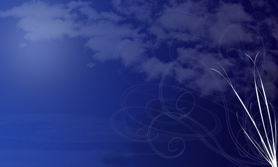 Blue background with distant clouds and floral element in corner