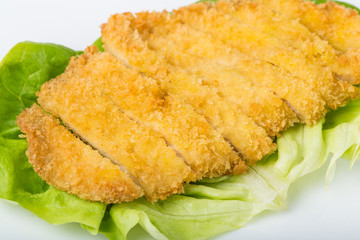 close-up of chicken cutlet on a white background