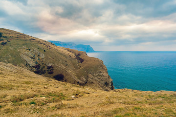 Cloudy day on the Black Sea, view from the mountains to the sea, Balaklava, Crimea, Russia
