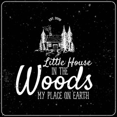 Fototapeta na wymiar Little House in the woods cute hand drawn illustration with subscription vector