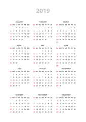 Simple calendar 2019 year. Week starts from Sunday. Flat vector illustration EPS10