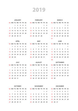 Simple calendar 2019 year. Week starts from Sunday. Flat vector illustration EPS10