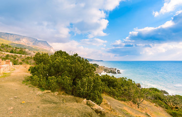 Cape Sarych, seascape overlooking the Crimean mountains, sunny winter, Russia