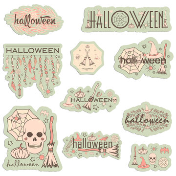 set vector stickers on the theme of Halloween. Holiday in October. Images hats, pumpkins, spider webs, broom, etc. It can be used for packaging, invitations, greeting cards, etc.