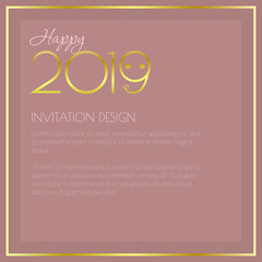 New 2019 year holiday invitation template with golden elements. Might be used for web or print
