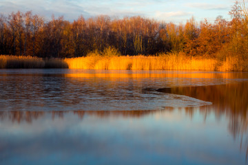 autumn landscape with lake and reflection in water