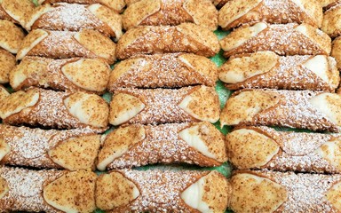 Sweets Biscuits Italian Pastry Delicatessen  Cannoli Siciliani Sicilian, typical sicilian sweet that is waffle pastry filled with ricotta-cream