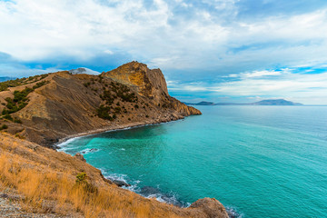 Panoramic view of the Black Sea and the mountains from the Golitsyn trail, winter day, Novy Svet, Sudak, Crimea, Russia