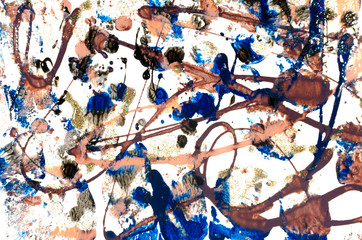 Abstract background with squiggles, spots and scuffs painted with nail polish on white background.