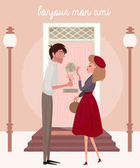 Love story in Paris with a lover couple. Romantic poster, Love you card or wedding invitation. Editable vector illustration