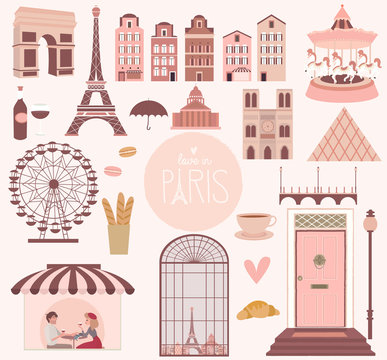 Set of elementsb and landmarks in Paris. Editable vector illustration