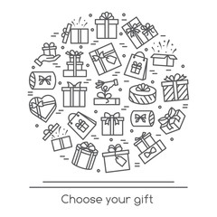 Vector illustration banner with wrapped gift boxes pictograms with editable stroke collected in form of circle.