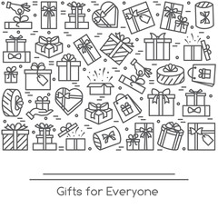 Banner with wrapped gift boxes pictograms with editable stroke collected in form of rectangular.