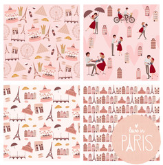 Set of cute seamless pattern with Paris landmarks, houses and lover couple. Editable vector illustration