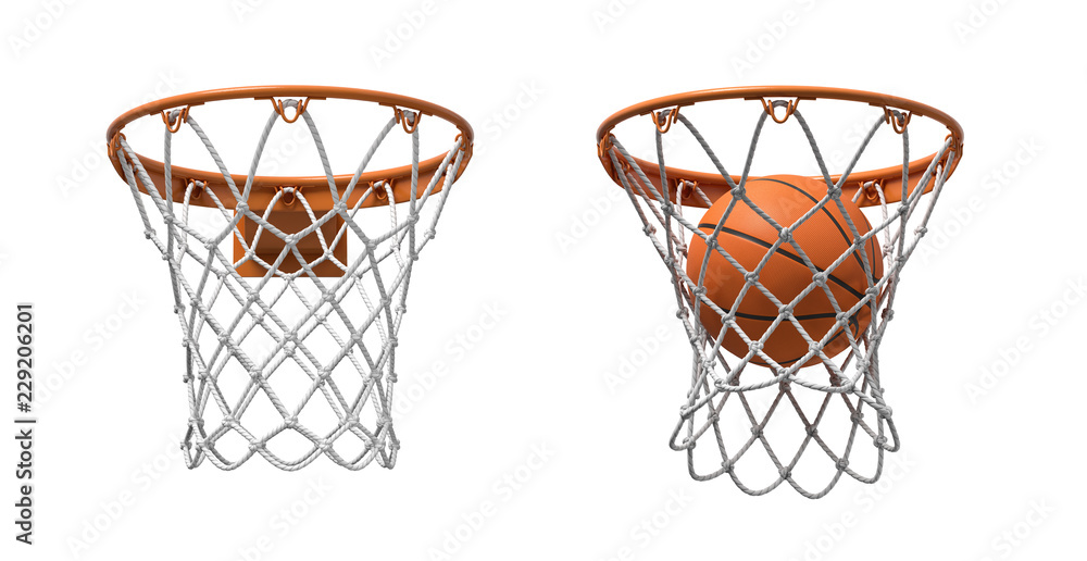 Poster 3d rendering of two basketball nets with orange hoops, one empty and one with a ball falling inside.