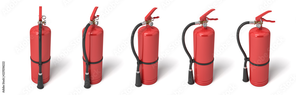 Poster 3d rendering of six red fire extinguishers standing on a white background in different angles.