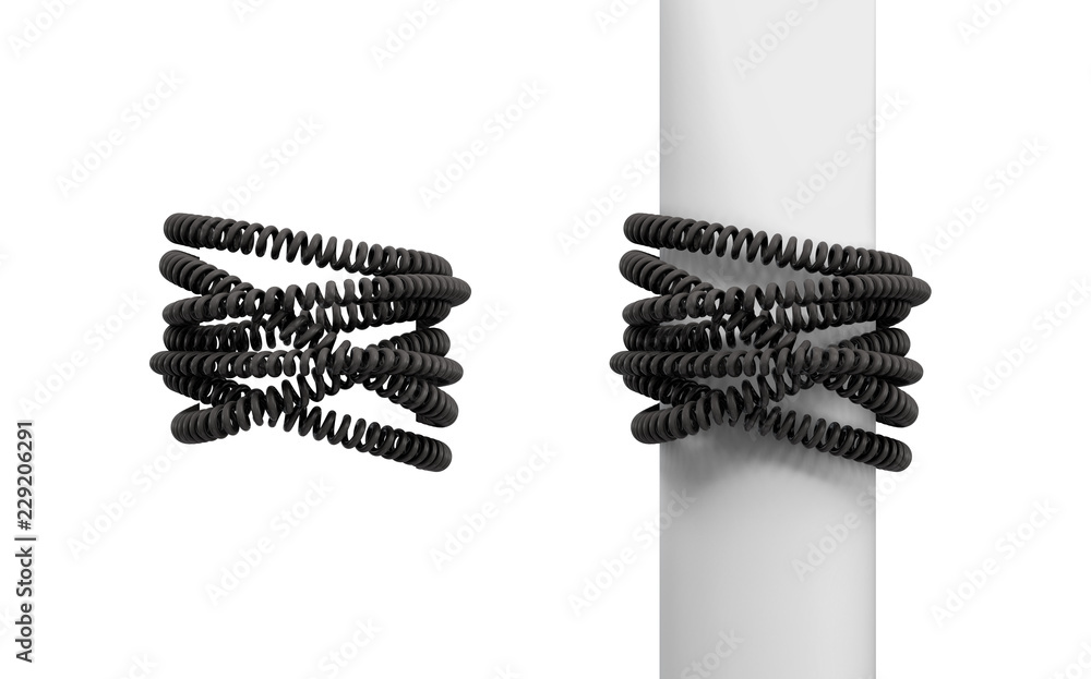 Poster 3d rendering of two sets of black messy phone cables wound around a post and around empty space.