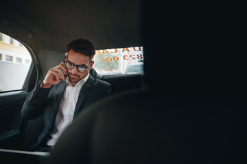 Businessman doing office work while travelling to office in a ca