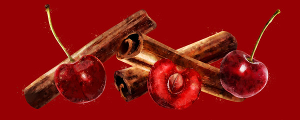 Watercolor cinnamon and cherry on red background