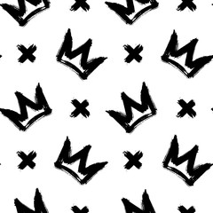 Seamless pattern with crowns and cross symbols isolated on white background. Rough brush painted shapes. Ink street-style abstract grunge illustration.