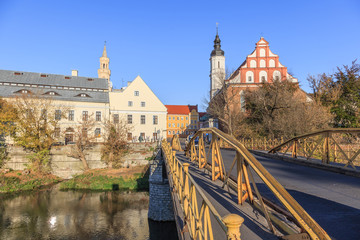 Opole - view of Yellow Bridge and old town behind the bridge - obrazy, fototapety, plakaty
