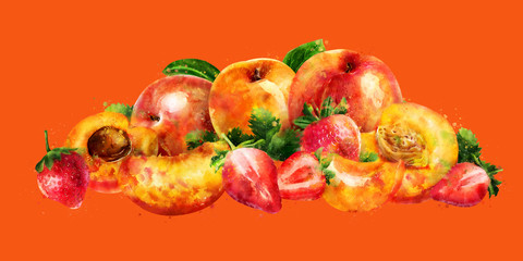 Apricot, peach and strawberry on orange background. Watercolor illustration