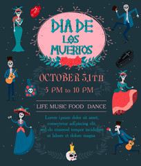 Day of the dead festival invitation poster with skeleton, Mexican traditional holiday. Mexican wording translation: "Day of the dead". Editable vector illustration