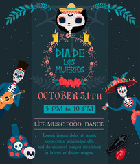 Day of the dead festival invitation poster with skeleton, Mexican traditional holiday. Mexican wording translation: "Day of the dead". Editable vector illustration