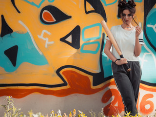 Portrait beautiful girl with baseball bat. Fashion makeup and hair style. 