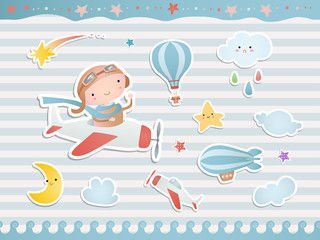 Set of elements for baby shower design with a pilot, a plane, balloons. Paper, scrapbook. 