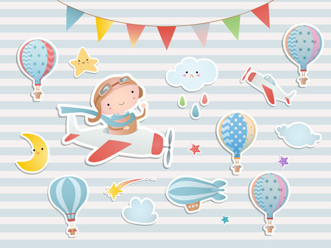 Set of elements for baby shower design with a pilot, a plane, balloons. Paper, scrapbook.  
