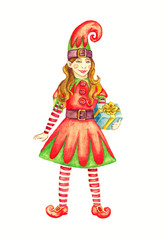 Christmas elf girl in bright costume with long hat and gift box in hands, isolated on white watercolor illustration
