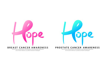 Breast and prostate cancer awareness ribbon with text hope