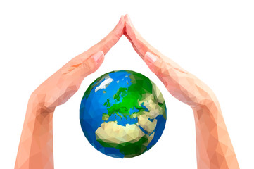 vector polygonal hands folded together like a roof covering the planet earth