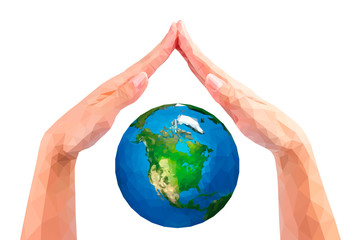 vector polygonal hands folded together like a roof covering the planet earth