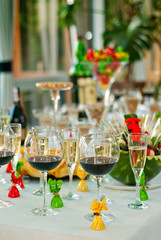 Glass glasses with colored drinks on the table. alcoholic drinks at the buffet