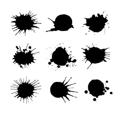 Set of black ink splashes and drops.