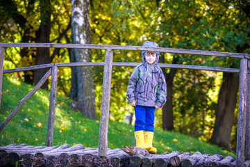 Little boy child crossing little bridge in mountains. Mountain adventure.