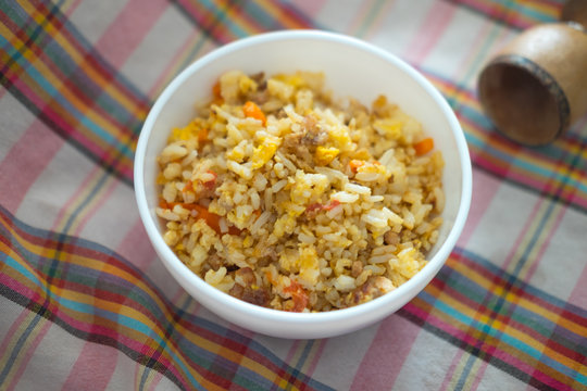 Fried rice with pork and egg homemade food for kid