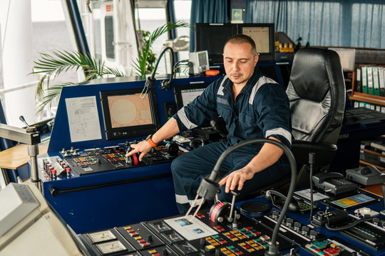 Marine navigational officer is maneuvering ship or vessel during navigation watch. He is using pitch and propulsion