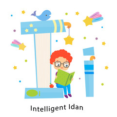 Kids alphabet. English letters with cartoon children characters. I for Intelligent Idan. boy reading book